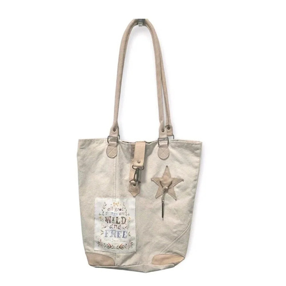 Vintage Addiction Tote L Cream Leather Canvas All Good Things Are Wild And Free - Picture 1 of 13